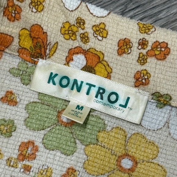 Kontrol Floral Sleeveless Top Collared V-Neck Side Cinch Orange Green Retro 70's - Picture 3 of 10